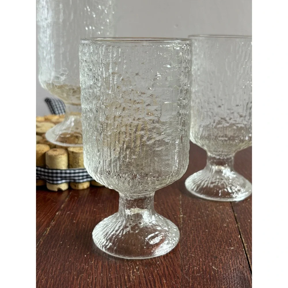 Vintage MCM Textured Bark Glass Goblets Set of 4 Clear Footed Water Wine Glasses